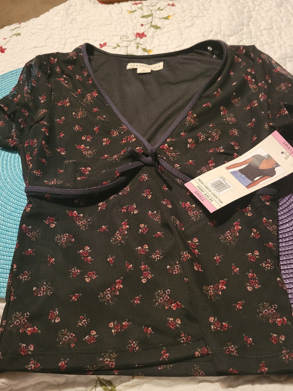 Aeropostale Black Mesh Top with Burgundy Floral Print